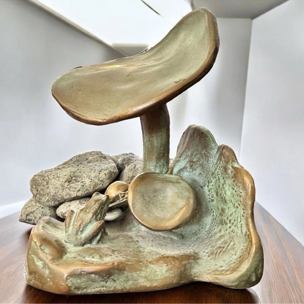 Antique Bronze McClelland Barclay Frog Mushroom Single Bookend Sculpture + Plaq.